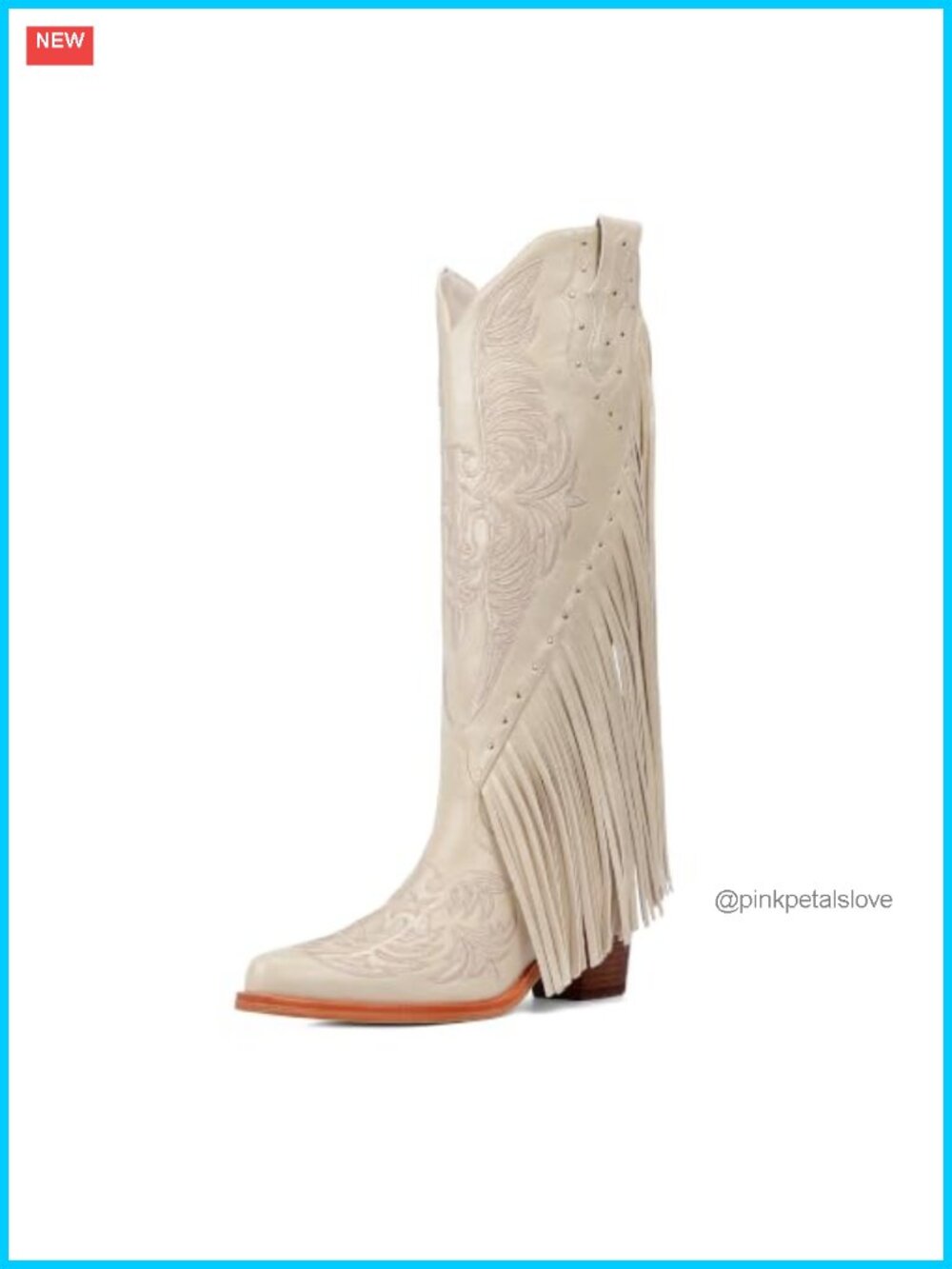 Faux Leather Western Cowboy Boots Fringe Studded Pointed Toe Chunky Heel Knee